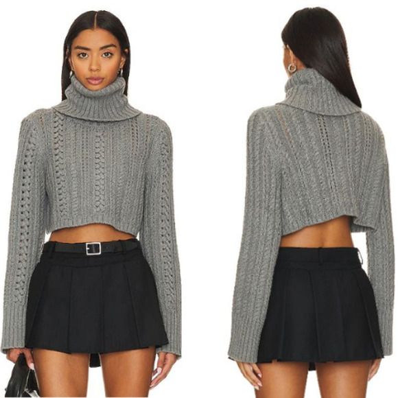 NWT Camila Coelho Daria Cable Knit Turtleneck Cropped Sweater Gray Women's XS - Picture 1 of 7